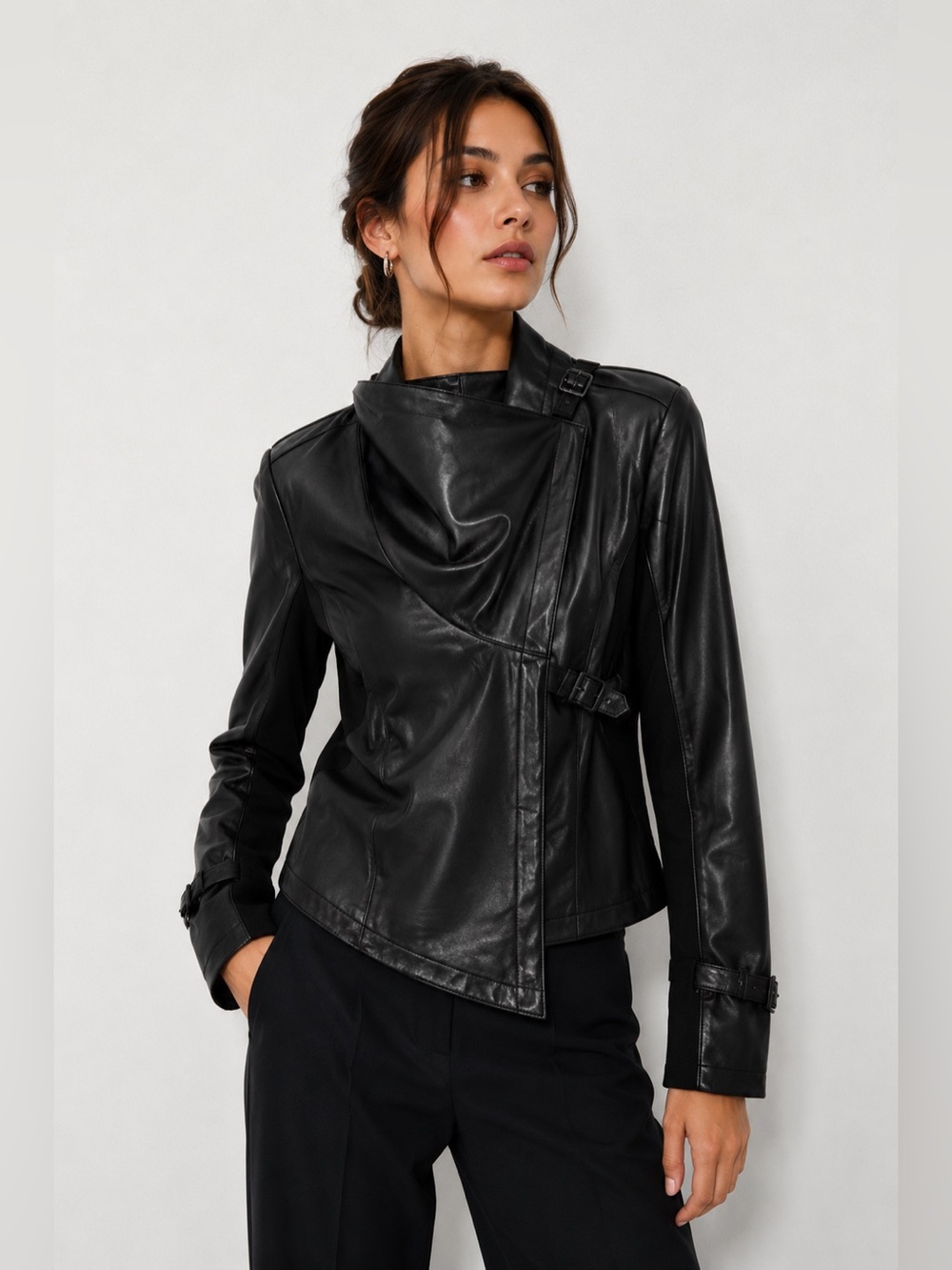 🖤 Ookie & Lala Drape Moto Faux Leather Ponte Jacket Black XS NWT
